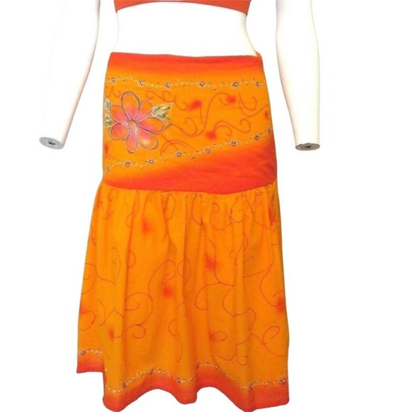 Madrid Hand Painted Drop Waist Skirt M Orange Gathered Knee Length Festival Mod - Picture 2 of 12
